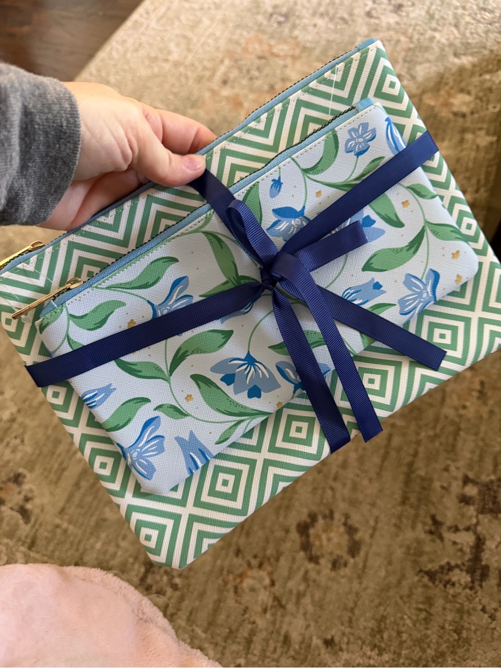 Floral Blue & Green Zipper Pouch Set -